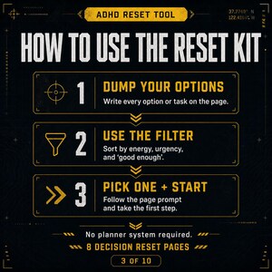 May include: A black and gold infographic titled "HOW TO USE THE RESET KIT" with instructions for an ADHD reset tool. The steps include dumping options, using a filter, and picking one to start. The graphic also states "8 DECISION RESET PAGES".