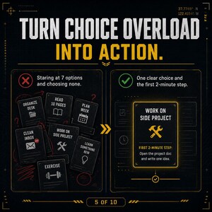 May include: Infographic with the text "TURN CHOICE OVERLOAD INTO ACTION." It contrasts choosing multiple options with making one clear choice. The image includes icons for tasks like organizing a desk and working on a side project.