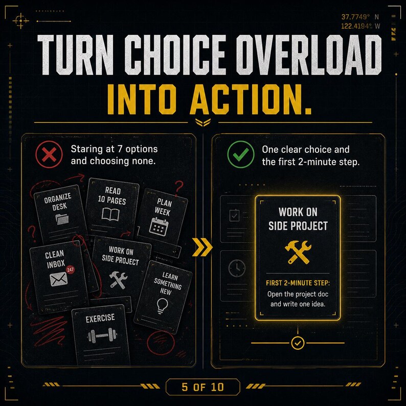 May include: Infographic with the text "TURN CHOICE OVERLOAD INTO ACTION." It contrasts choosing multiple options with making one clear choice. The image includes icons for tasks like organizing a desk and working on a side project.