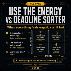 May include: A dark infographic titled "USE THE ENERGY VS DEADLINE SORTER" with instructions on how to prioritize tasks based on energy and deadlines. The graphic includes text, arrows, and icons to illustrate the sorting process. The text reads "When everything feels urgent, sort it fast."