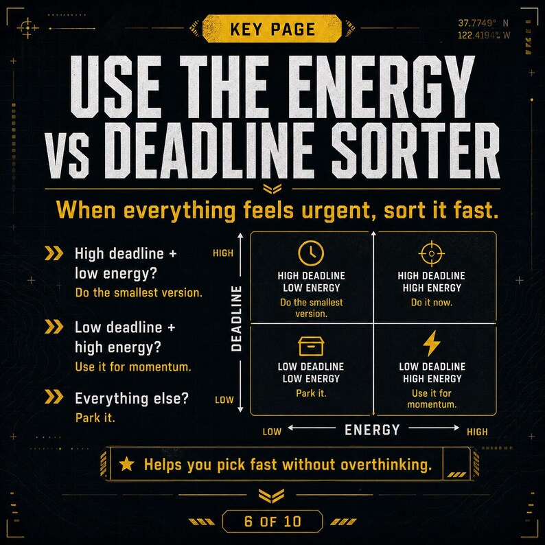May include: A dark infographic titled "USE THE ENERGY VS DEADLINE SORTER" with instructions on how to prioritize tasks based on energy and deadlines. The graphic includes text, arrows, and icons to illustrate the sorting process. The text reads "When everything feels urgent, sort it fast."