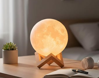 Moon Lamp Night Light 3D Printed Lunar Lamp Wooden Base Touch Control Bedside Lamp Bedroom Decor Gift for Kids Adults