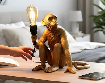 Lampa stołowa Monkey, nowoczesna lampa z rzeźbą zwierzęcia, artystyczny akcent na stoliku nocnym