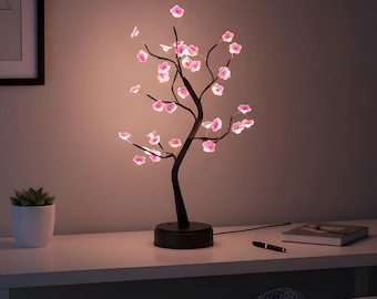 Cherry Blossom LED Tree Lamp, Pink Flower Night Light, Bedroom Desk Decor