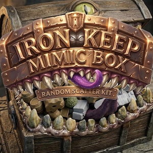 May include: A detailed image of a treasure chest with the text "IRON KEEP MIMIC BOX". The chest is open, revealing various items. The chest's design includes a mouth with sharp teeth and a purple tongue, and the words "RANDOM SCATTER KIT".