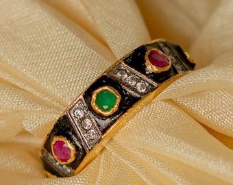 Oxidized Sterling Silver Eternity Band Ring, Multi-Cut Gemstones, Jaipur Artisan Handcrafted