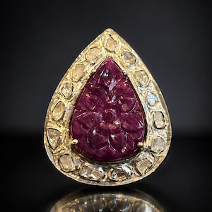 Carved Ruby Teardrop Ring | Sterling Silver, Diamond Accents, Heritage Jewelry