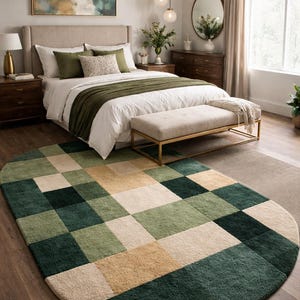 Neutraal groen patchwork vloerkleed – gezellig tapijt in Scandinavische stijl, minimalistisch groen vloerkleed – eigentijds patchworkpatroon