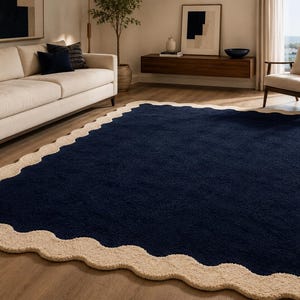 Handtuftad ullmatta, marinblå vågig handtuftad ullmatta Lyxig utomhusinspirerad matta, modern designermatta, iögonfallande heminredning