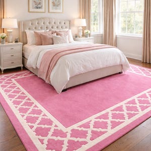 Alfombra de exterior rosa con diseño de celosía, hecha a mano. Alfombra con vibrante estampado geométrico para patio, terraza o solárium. Decoración moderna de estilo costero para porches. Varios tamaños disponibles.