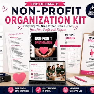 Peut inclure: Un kit d'organisation à but non lucratif numérique comprenant plus de 50 modèles et ressources. L'ensemble présente une liste de contrôle de démarrage, un ordre du jour de réunion, une proposition de parrainage et un ordinateur portable affichant une page de présentation. Des icônes de cœur rose et des accents textuels sont visibles sur les documents imprimables.