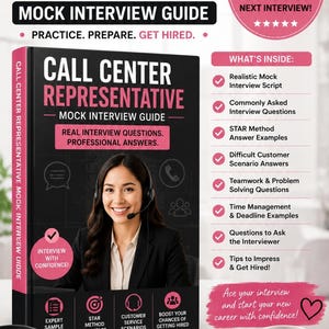 Op de afbeelding: Een Call Center Representative Mock Interview Guide in een zwart en roze kleurenschema. De omslag toont een persoon met een headset, met tekst die de inhoud beschrijft zoals interviewscripts, STAR-methodevoorbeelden en scenario's.