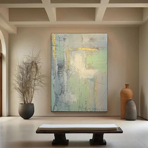 Arte mural abstracto, Cuadro de pintura acrílica neutra con texturas, lienzo moderno de pan de oro y colores neutros verde menta y crema