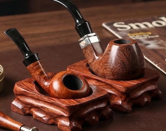 Soporte para pipa de palisandro hecho a mano, soporte de madera para pipa de tabaco, reposapipas rústico tallado, expositor de pipa de escritorio, regalo para fumadores de pipa.