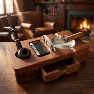 May include: A rectangular wooden smoking accessory organizer featuring a dark brown tobacco pipe, a black lighter, a silver metal cigar cutter, and a circular metal ashtray holding a brown cigar. The base includes a small pull-out storage drawer.
