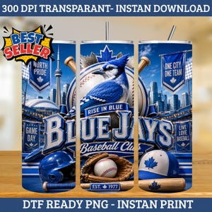 Può includere: Un design per bicchiere a tema baseball blu e bianco con una ghiandaia azzurra, una palla da baseball in un guanto, un casco, una mazza e lo skyline di Toronto. Il testo include "Blue Jays Baseball Club", "Rise in Blue", "North Pride" e "One City One Team".
