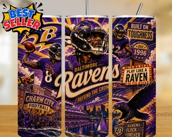 May include: A set of three Baltimore Ravens themed tumblers. Each tumbler features a different design, including a player in uniform, the team logo, and the words "Charm City Football" and "Play Like a Raven". The tumblers are purple, black, and gold.