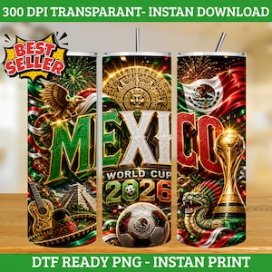 Könnte beinhalten: Ein zylindrisches Becher-Design mit dem Text MEXICO WORLD CUP 2026, einem goldenen Aztekenkalender, einem Fußball, einem Pokal, der mexikanischen Flagge, einer Gitarre, einem Sombrero, einer Pyramide und Feuerwerk in leuchtendem Grün, Weiß, Rot und Gold.