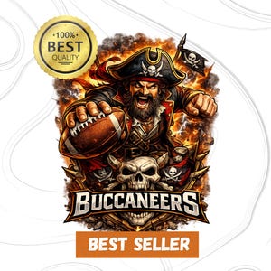Puede incluir: Gráfico digital que presenta a un pirata sosteniendo un balón de fútbol, con el texto "Buccaneers" y "Best Seller". El diseño incluye una calavera y huesos cruzados, un sombrero de pirata y las palabras "Premium PNG - 300 DPI."