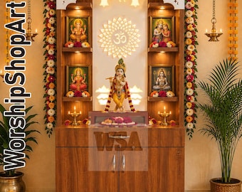 WorshipShopArt Houten tempel voor thuis, Pooja Mandir, zijwandmandir met ledverlichting voor thuis en op kantoor (51 x 24 x 14 inch)