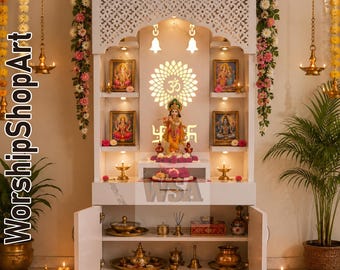 WorshipShopArt Wooden temple for home , Pooja Mandir, Side Wall Mandir with Led Lights for home and Office (Size:- 75 x 30 x 16 inch)