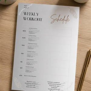 May include: A white weekly workout schedule planner sheet with black text and a brown script heading. The layout includes sections for each day of the week, workout details, and tracking metrics like water intake, steps, and mood, decorated with leaf illustrations.