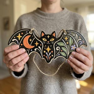 Pode incluir: Um adorno de parede em cerâmica preta com formato de morcego e rosto de gato. O design apresenta uma lua crescente laranja brilhante, estrelas amarelas e folhas verdes com uma pequena flor roxa. Inclui um cordão natural para pendurar.