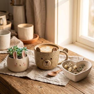 May include: A beige ceramic bear-shaped mug filled with latte art, a small cream-colored rabbit-shaped planter containing a green succulent, a heart-shaped bowl with dried flowers, and a small wooden spoon on a light-colored fabric cloth.