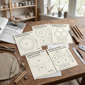 May include: A collection of five printable PDF pottery slab building templates on cream paper, featuring line drawings for a chips and dip platter, olive bowl, flower-shaped snack plate, linear snack plate, and a divided multi-section snack plate.