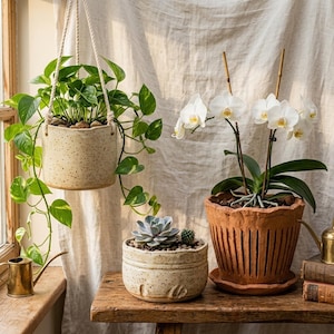 May include: A hanging speckled cream ceramic planter with a trailing green pothos plant, a small speckled cream ceramic bowl containing a succulent, and a terracotta pot with vertical slits holding a white orchid with yellow centres.