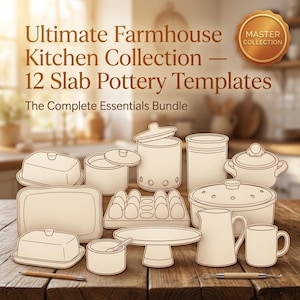 Puede incluir: Una colección de 12 plantillas de cerámica de losa para utensilios de cocina, incluyendo mantequilleras, botes, una jarra, una taza, un soporte para pasteles y una huevera. El texto dice Ultimate Farmhouse Kitchen Collection — 12 Slab Pottery Templates.
