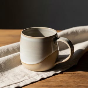 Może przedstawiać: Ręcznie wykonany ceramiczny kubek o zaokrąglonym kształcie i solidnym uchwycie. Kubek ma dwukolorowy design, z kremowo-białą górną połową i beżową dolną połową. Leży na neutralnej kolorystycznie lnianej szmatce.