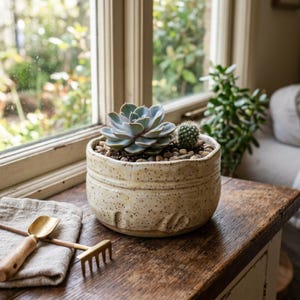 May include: A round, speckled cream-coloured ceramic planter containing a large rosette-shaped succulent and a small, spiky green cactus. Beside the planter lies a small metal garden rake and a scoop with wooden handles on a folded linen cloth.