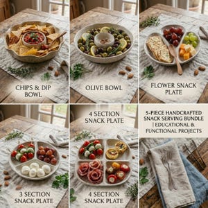 May include: A 5-piece handcrafted snack serving bundle featuring a chips and dip bowl, an olive bowl, a flower snack plate, a 3-section snack plate, and a 4-section snack plate. The set includes various ceramic dishes with speckled finishes, wooden serving utensils, and metal tongs, presented on a linen cloth.