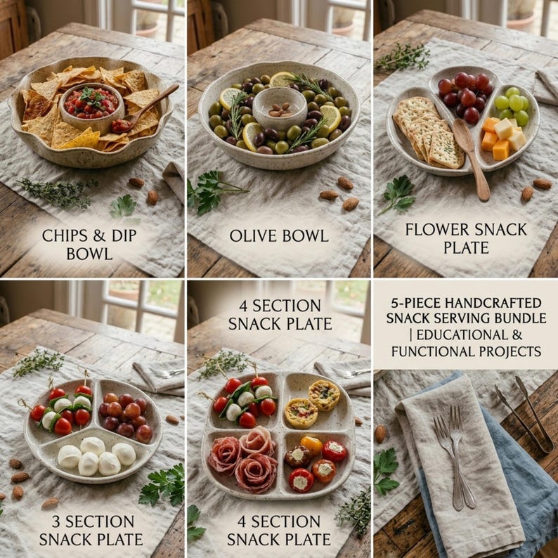 May include: A 5-piece handcrafted snack serving bundle featuring a chips and dip bowl, an olive bowl, a flower snack plate, a 3-section snack plate, and a 4-section snack plate. The set includes various ceramic dishes with speckled finishes, wooden serving utensils, and metal tongs, presented on a linen cloth.
