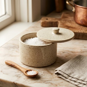 May include: A cylindrical ceramic salt cellar with a speckled cream finish and a matching lid, filled with white salt crystals. A small wooden spoon with a visible grain pattern rests nearby, containing a small portion of salt crystals.