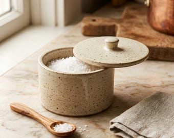 May include: A cylindrical ceramic salt cellar with a speckled cream finish and a matching lid, filled with white salt crystals. A small wooden spoon with a visible grain pattern rests nearby, containing a small portion of salt crystals.