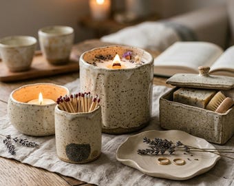 Paquete de cerámica para velas y hogar / 5 plantillas para losas / Portavelas, portavelas de té, encendedor de cerillas, jabonera, plato abstracto