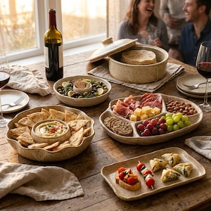 May include: A collection of speckled ceramic serveware including a round lidded dish, a divided appetizer tray with cured meats, cheese, grapes, and nuts, a bowl with pita and dip, and a rectangular platter with bruschetta and pastries.