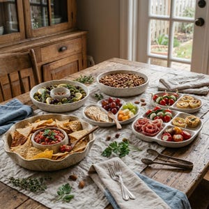 May include: A collection of speckled ceramic serving dishes on a wooden table, including a large bowl with a central dip compartment filled with tortilla chips and salsa, a round bowl of nuts, and two divided appetizer platters with snacks.