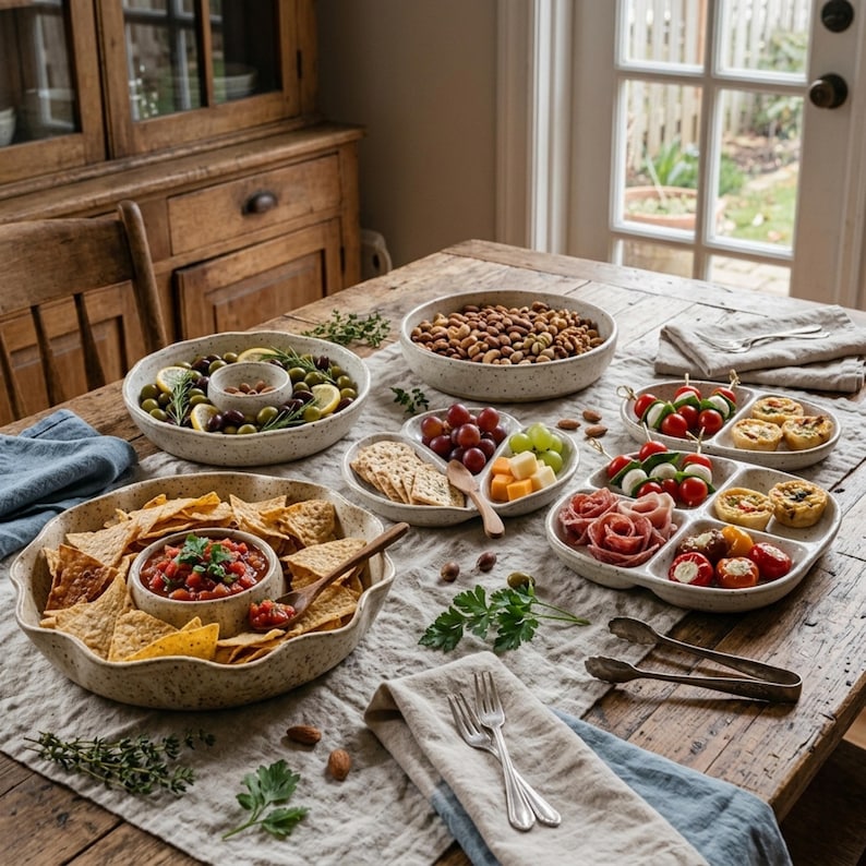 May include: A collection of speckled ceramic serving dishes on a wooden table, including a large bowl with a central dip compartment filled with tortilla chips and salsa, a round bowl of nuts, and two divided appetizer platters with snacks.