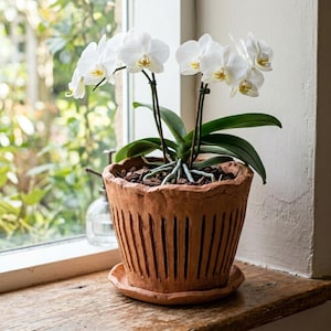 Pode incluir: Uma planta de orquídea Phalaenopsis branca com várias flores desabrochadas e folhas verdes, plantada num vaso de barro rústico de cor terracota com ranhuras verticais nas laterais e uma base de prato circular a condizer.