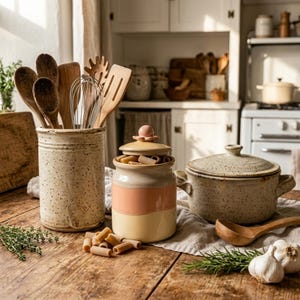 May include: A speckled ceramic utensil holder filled with wooden spoons, a whisk, and a spatula, a lidded ceramic jar with pink and cream bands containing pasta, and a speckled ceramic pot with two handles and a lid on a wooden surface.