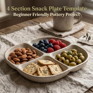 May include: A handmade, four-section snack plate filled with almonds, blueberries, raspberries, olives, and crackers. The plate is beige with a speckled finish. Text on the image reads: "4 Section Snack Plate Template Beginner Friendly Pottery Project."