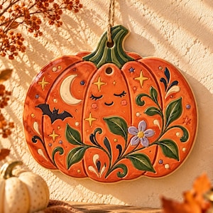 May include: A ceramic pumpkin wall hanging featuring a glossy orange finish with a green stem. The surface is decorated with a painted smiling face, a white crescent moon, a black bat, yellow stars, and green leafy vines with a purple flower.