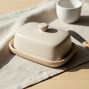 Könnte beinhalten: Eine beige Butterdose aus Keramik mit Deckel und kleinem Knauf. Die Dose ist rechteckig und steht auf einem passenden Sockel. Eine weiße Keramiktasse und ein Messer mit Holzgriff sind im Hintergrund. Die Butterdose steht auf einem beigen Leinentuch.