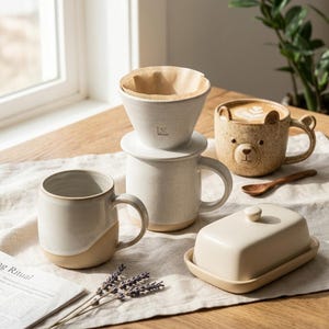 May include: A collection of ceramic kitchenware including a white coffee dripper with a paper filter, a two-toned white and tan mug, a speckled tan bear-shaped mug with latte art, a small wooden spoon, and a rectangular white butter dish.