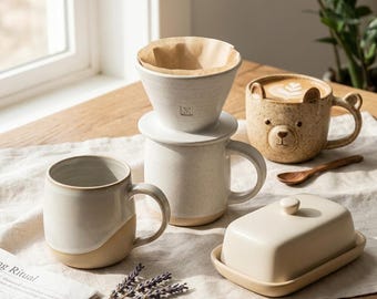 Juego de cerámica para café y desayuno / 4 plantillas para planchas / Taza con gotero para verter / Taza con forma de oso / Mantequera / PDF