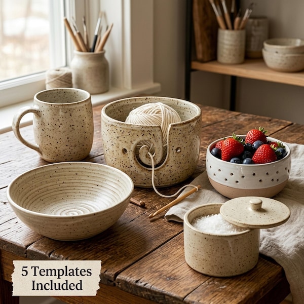 Lot d'initiation à la poterie pour débutants PDF | 5 modèles de dalles de poterie | DIY Mug en céramique, bol en laine, bol baies, bol ramen, cave à sel