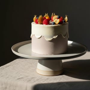 May include: A two-tiered cake with a white top and a light pink base, decorated with fresh raspberries, blueberries, and golden berries. The cake sits on a gray ceramic cake stand with a white base.